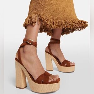 Jimmy Choo Gaia 140MM Raffia Suede Platform Sandals in Tan - NWT